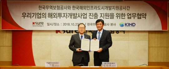 이도열 한국무역보험공사 본부장(왼쪽)과 임한규 한국해외인프라도시개발지원공사 본부장이 23일 서울 종로 무역보험공사 본사에서 업무협약을 체결한 뒤 기념촬영을 하고 있다.  <무역보험공사 제공>